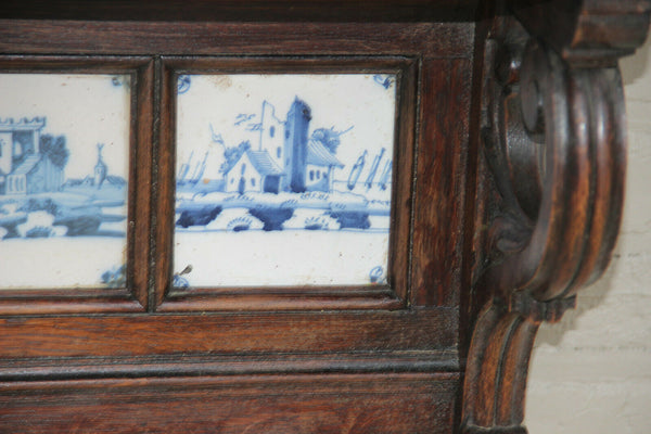 Huge Antique oak wood carved wall coat rack delft pottery tiles 1920s