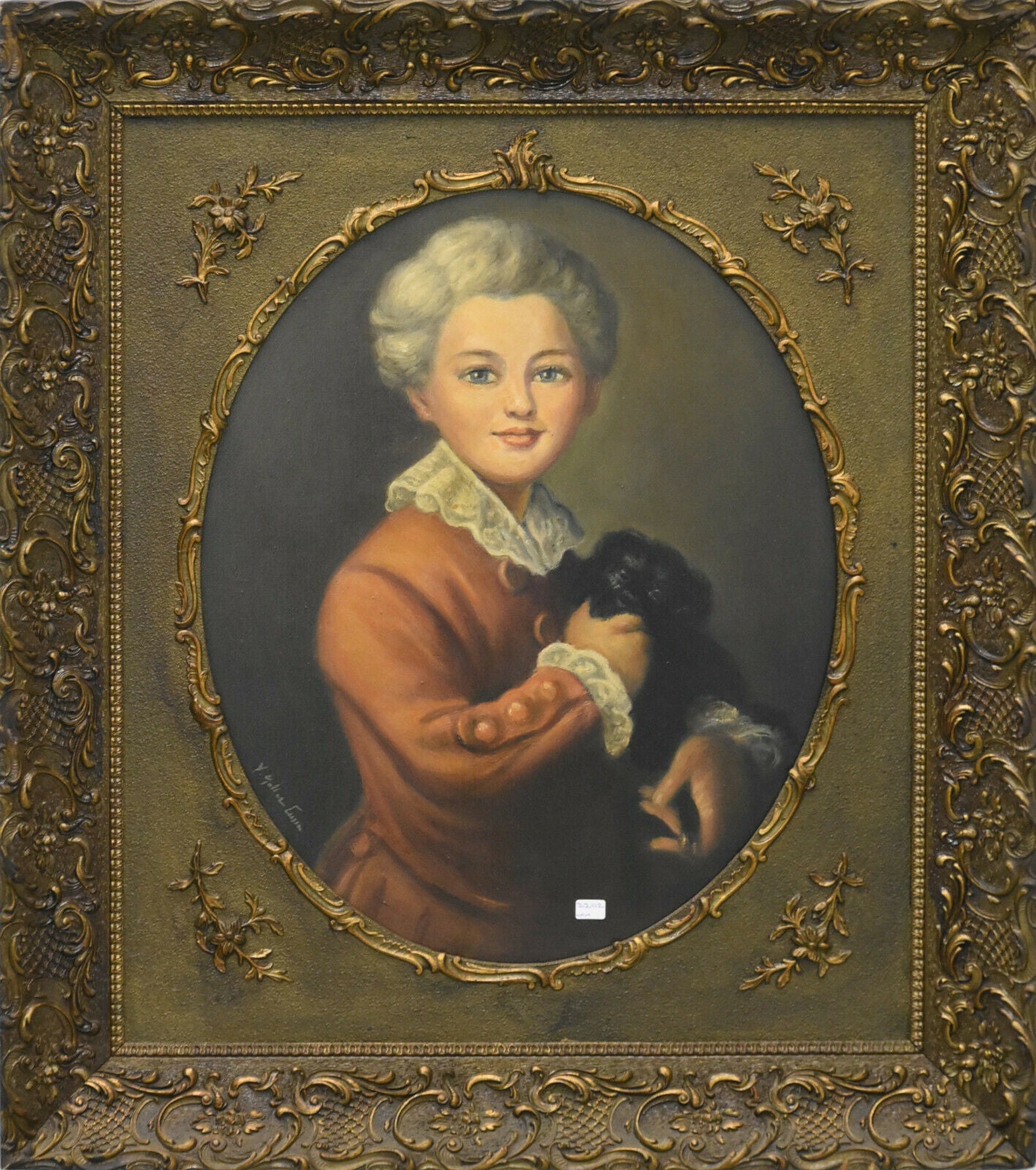 Top Antique French 1900 Oil Canvas painting child with dog portrait signed