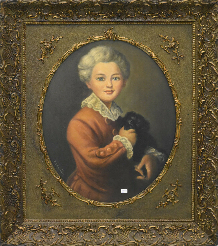 Top Antique French 1900 Oil Canvas painting child with dog portrait signed
