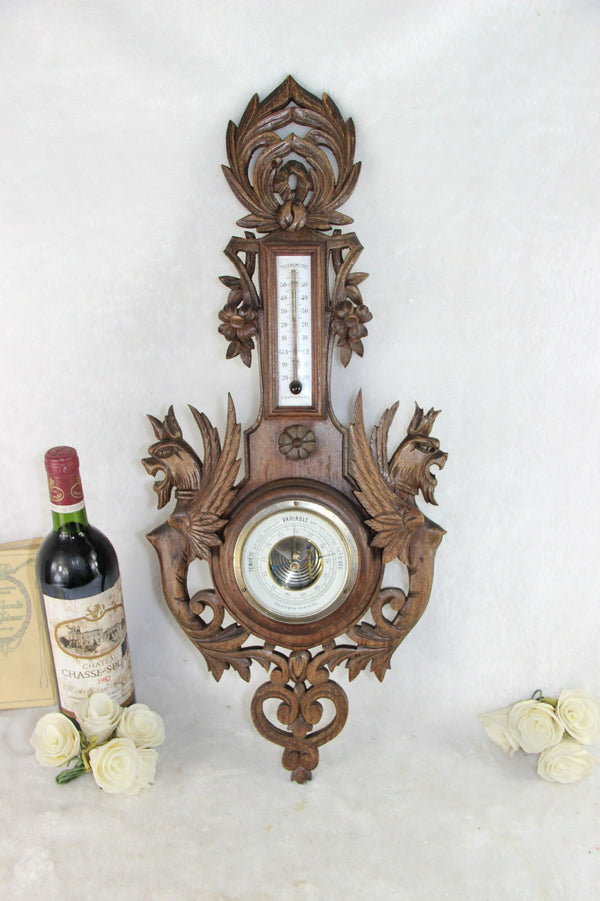 Antique wood carved black forest cut Dragon gothic barometer Figurines