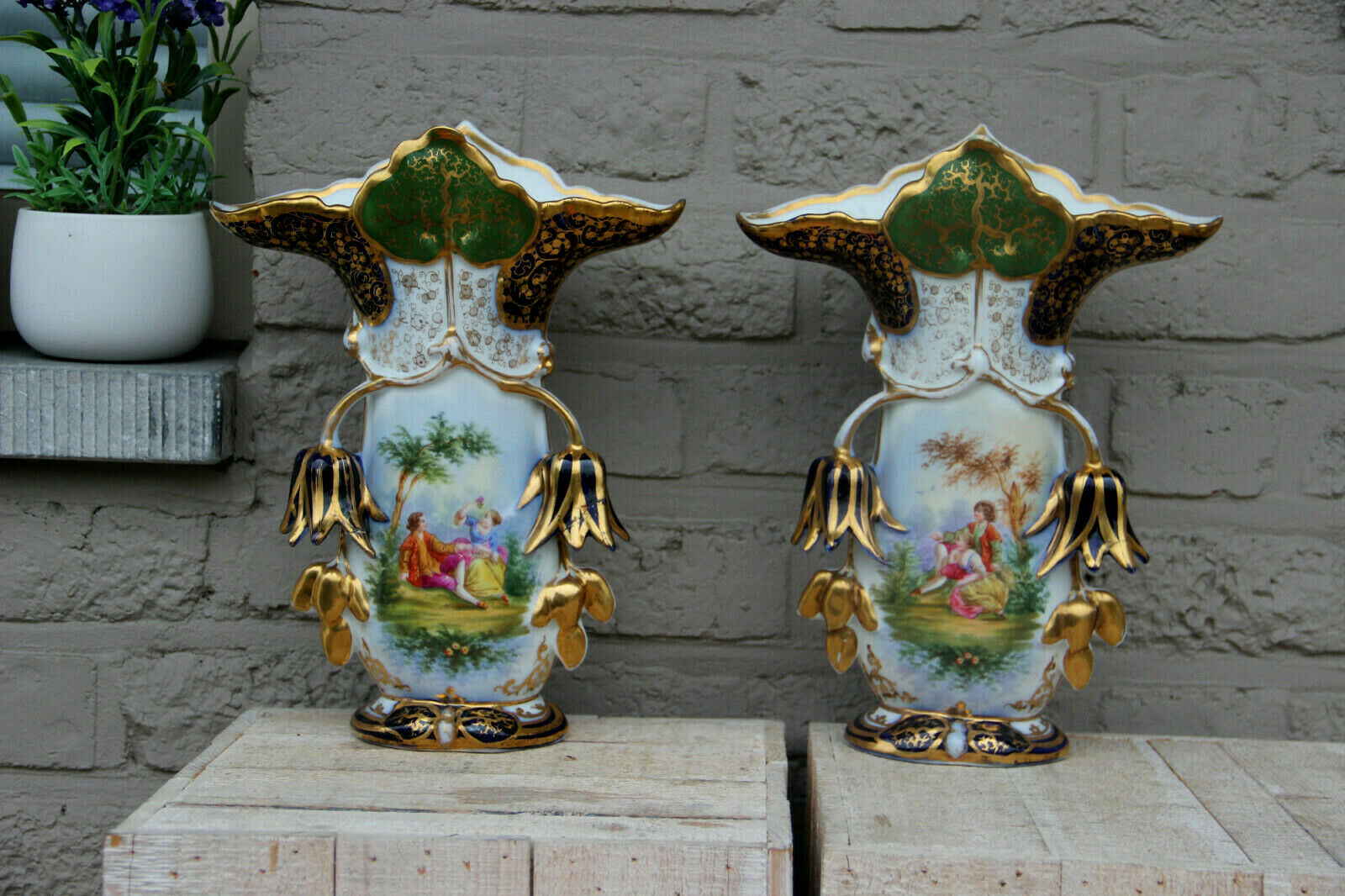 PAIR vieux paris porcelain Vases 19thc hand paint victorian decor