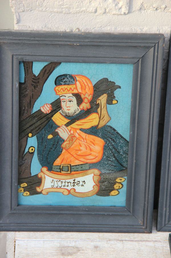 Set 4 German Eglomise reversed glass painting 4 seasons wood framed 1960