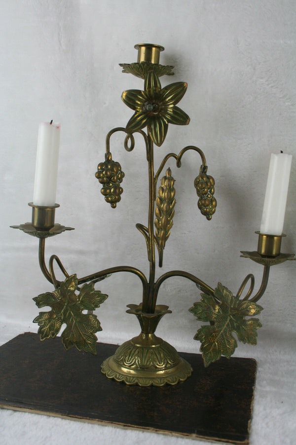 Religious brass candleholder fruits 1920 French antique