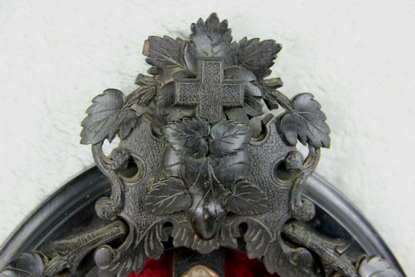 Antique French napoleon III Black wood carved crucifix bronze christ religious