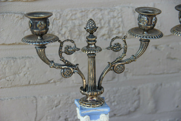 Antique PAIR Wedgwood angel putti ram heads porcelain candle holders