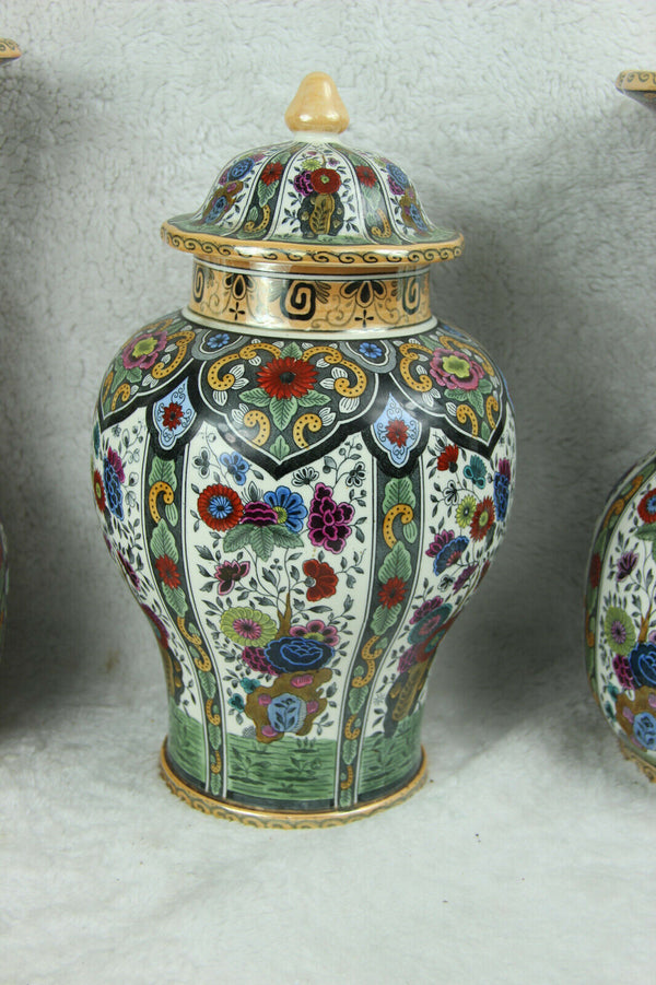 Petrus Regout Maastrich delft polychrome floral pottery Vases Set