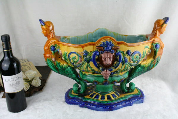 French XXL Art nouveau 1900 Caryatid Lion head Barbotine majolica Planter Vase