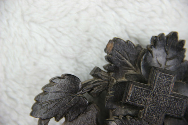 Antique French napoleon III Black wood carved crucifix bronze christ religious