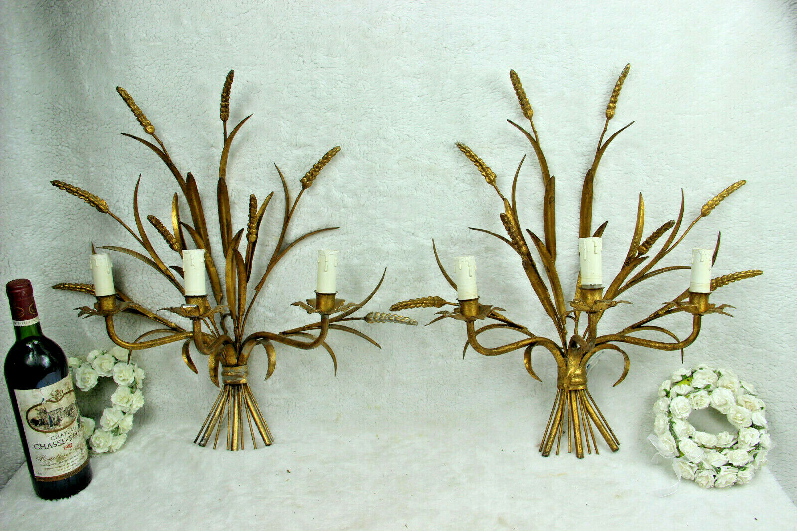 PAIR XXL Hollywood regency 3 arm Italian Gilt Metal Wheat Sheaf Wall Sconces