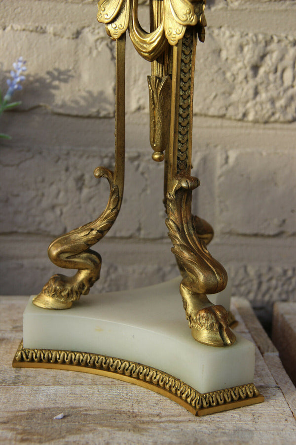 Antique Empire French bronze onyx marble Ram paws putti angels candle holder