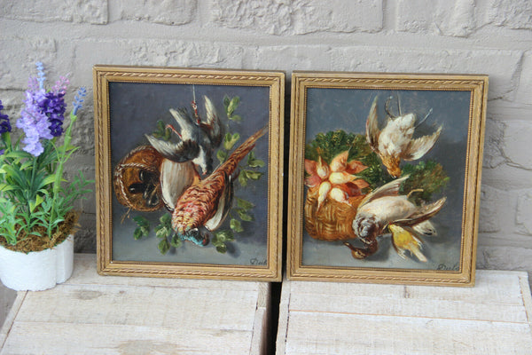 Antique pair oil panel French painting Still life hunting trophy patridge bird