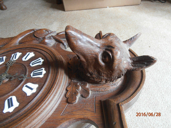 Antique Black forest wood carved hunting trophy clock fish rabbit dog 1900
