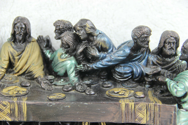 Antique large French chalkware polychrome last supper statue religious