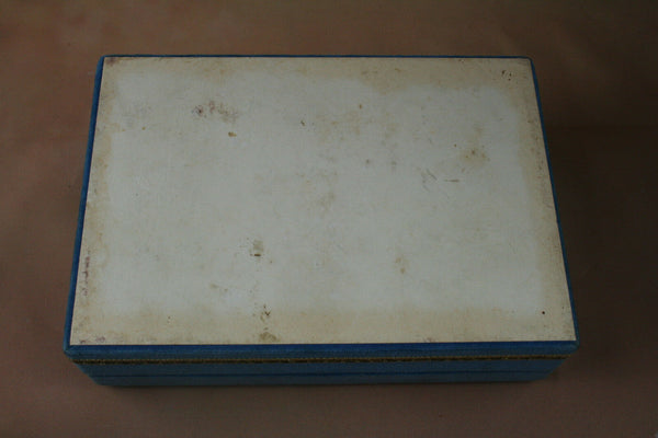 Antique FRENCH fabric box velvet nice color blue with medallion frazarte signed