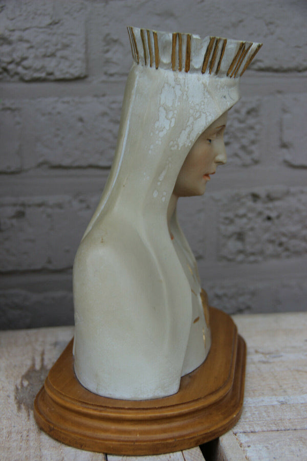 French Art deco antique clalkware Bust Virgin Mary Relgious signed 1920