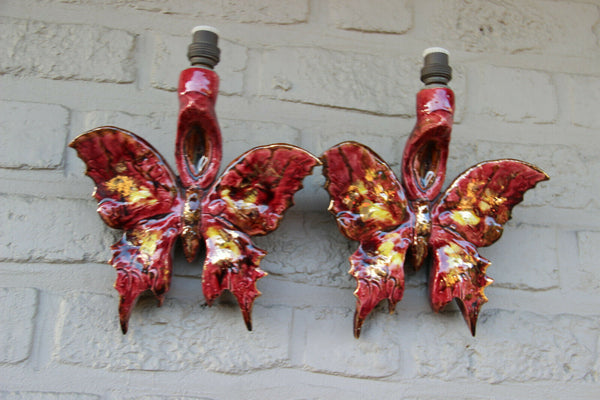 PAIR french vintage Vallauris ceramic butterfly wall lights sconces rare 1970