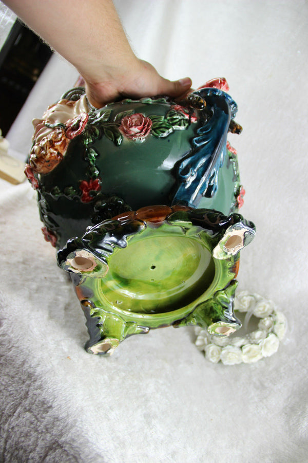 Stunning XXL Satyr caryatid heads Barbotine Majolica Planter jardiniere Vintage