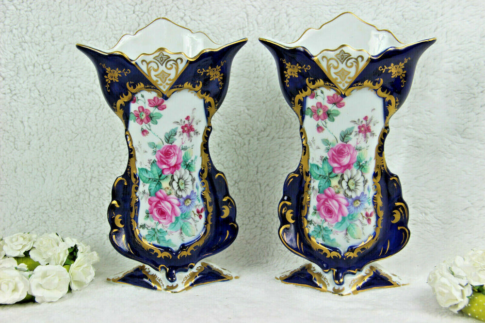 PAIR vieux paris french porcelain vases floral decor
