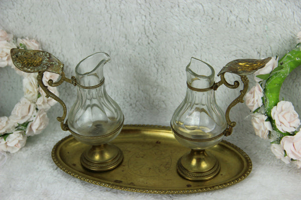 Antique Church altar Glass Cruet Communion Wine set art nouveau