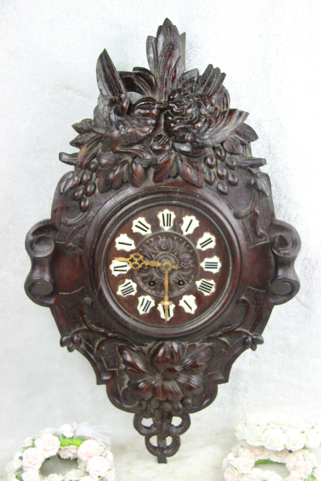 Large Antique Black Forest Wood carved Birds wall clock