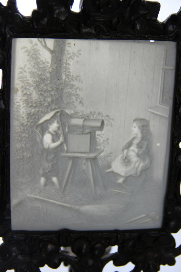 Rare Antique Porcelain Lithophane in empire Cast iron stand bird candle 1920's