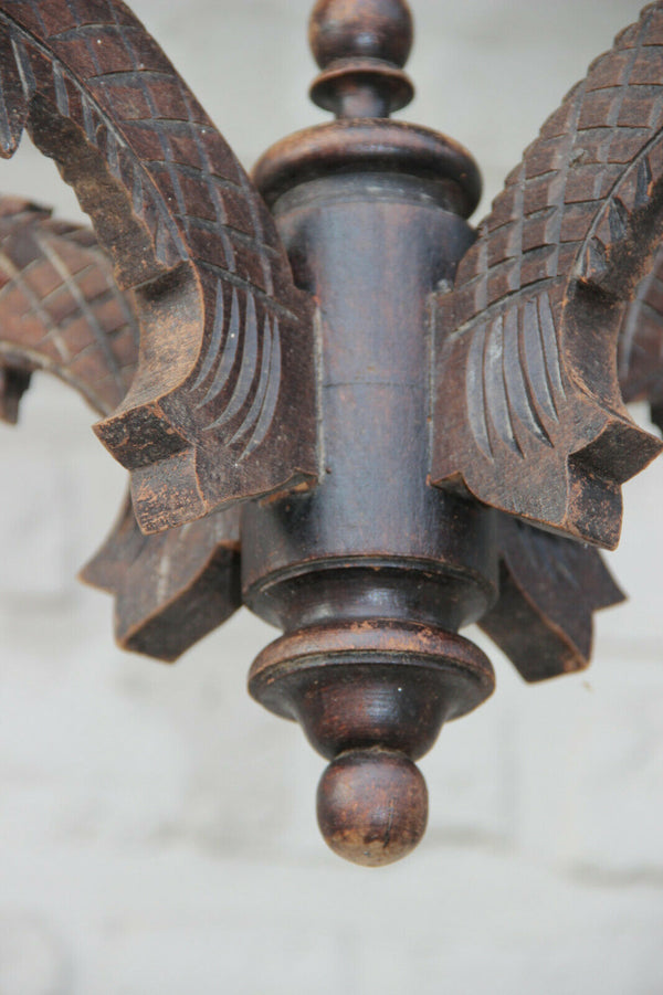 Antique french gothic castle Wood carved dragon chimaera 4 arm chandelier