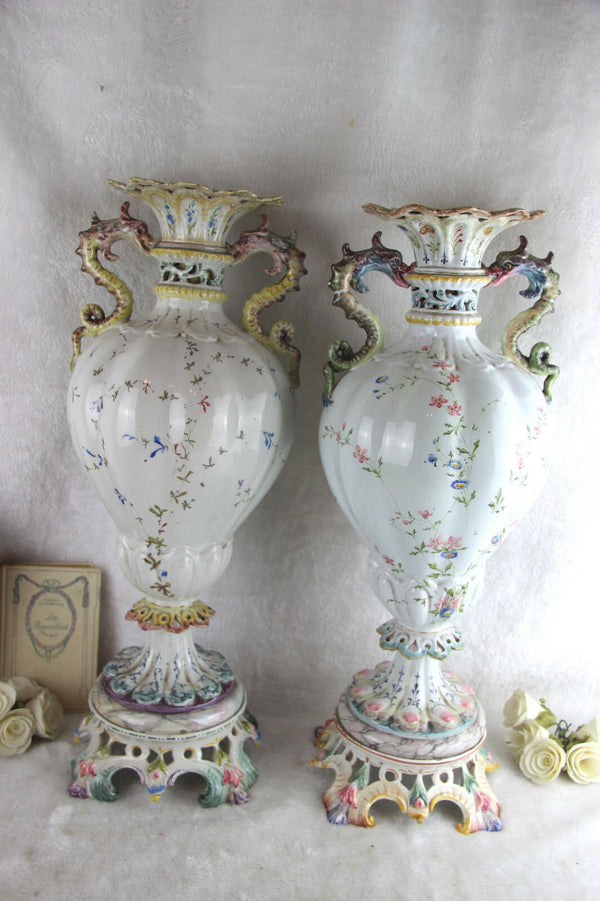 HUGE pair French 1900 marked faience porcelain sea horse dragon vases floral
