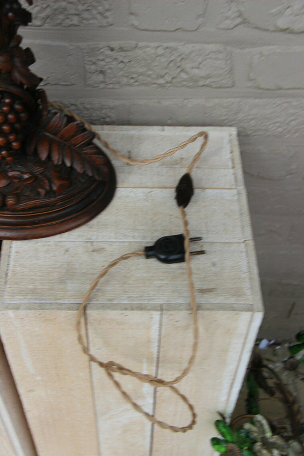Rare Antique Swiss black forest wood carved table lamp Grape tree floral