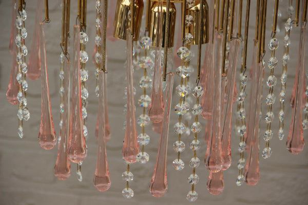 Vintage italian Mid century Murano drops pink clear glass Chandelier 1970 n1