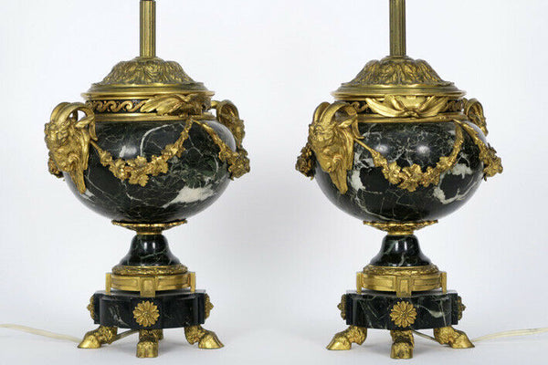 PAIR French antique empire Marble bronze ram heads louis XVI Vase Lamps rare