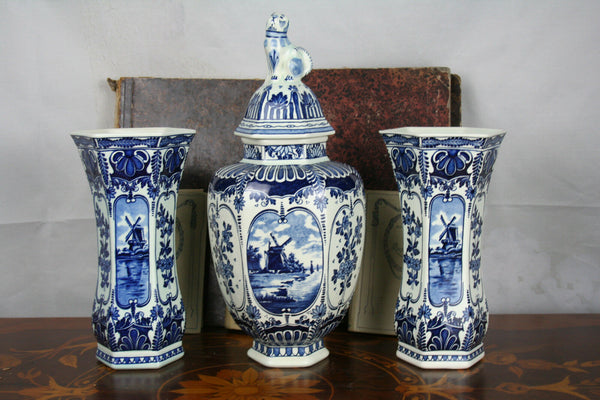 SET Blue - white pottery Delft Mills Landscape Vases set marked made by BOCH