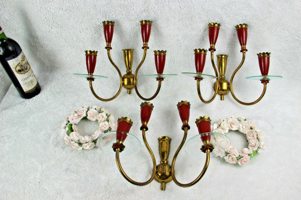 Set 3 Mid century vintage italian wall lights sconces burgundy red 4 arms 1970