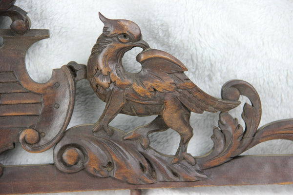 Antique large French pediment fronton wood carved gothic phenix dragon birds