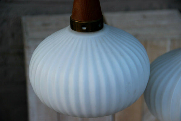 PAIR Retro 1970 Scandinavian teak milk glass shades pendant lamp chandelier