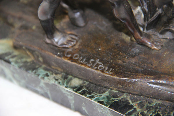 PAIR patinated bronze antique Marly horses marble base signed coustou