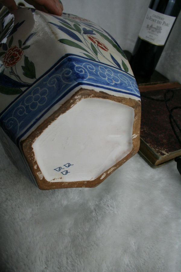 Antique polychrome Pottery Delft marked 3 leaves Vase mounted as lamp XL