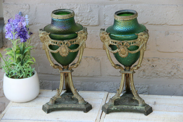 PAIR antique French Vases urns LOETZ green opalescent glass ram heads