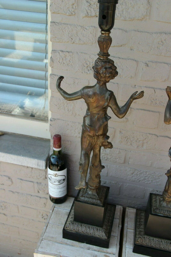 Pair XL antique French metal Romantic boy girl figurine table lamps