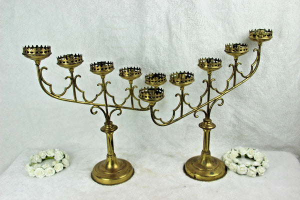 PAIR Church Altar neo gothic brass copper 5 arm candle holders religious