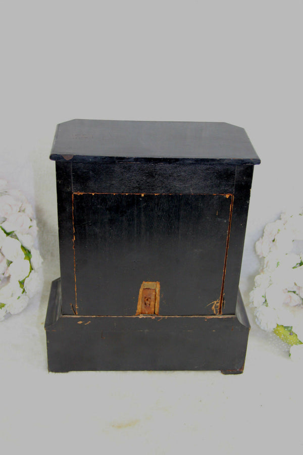 Antique Napoleon III portico clock black lacquered inlaid 19thc