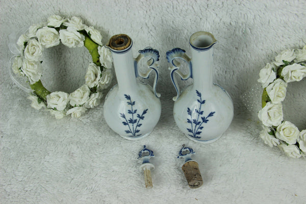 PAIR Delft blue white pottery oil vinegar pitcher vases mill sailing boat