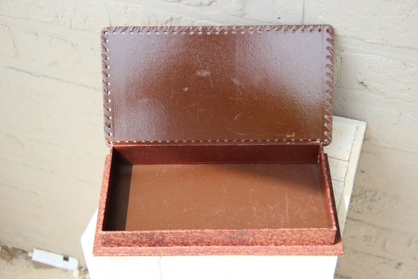 Vintage French leather wood Gloves Box maritime boat scene signed 1950