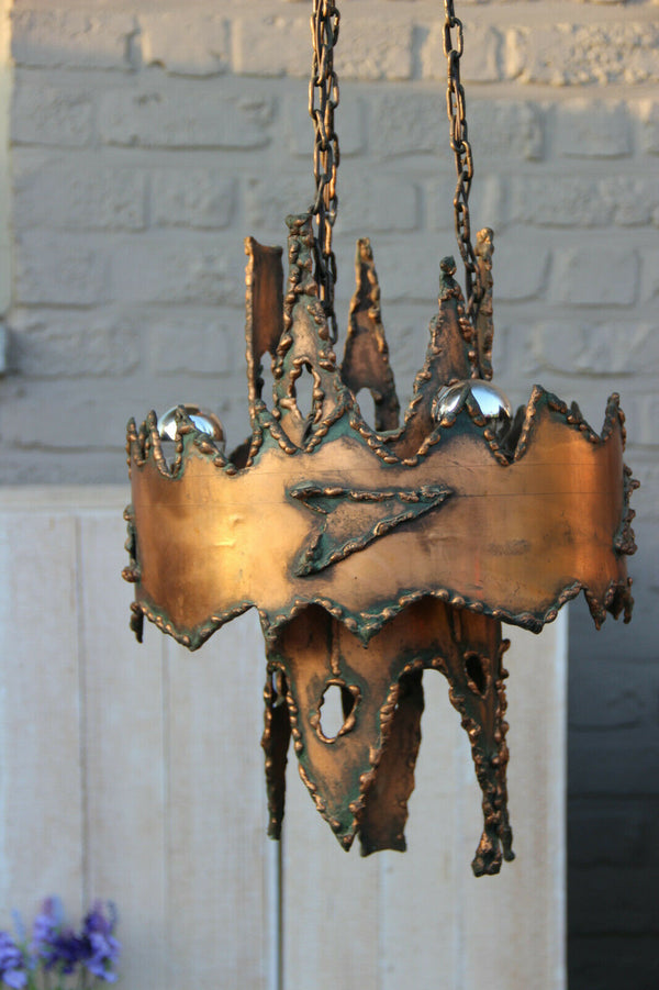Rare Brutalist Mid century 1970 copper Brass torch Cut Chandelier attr. Greene
