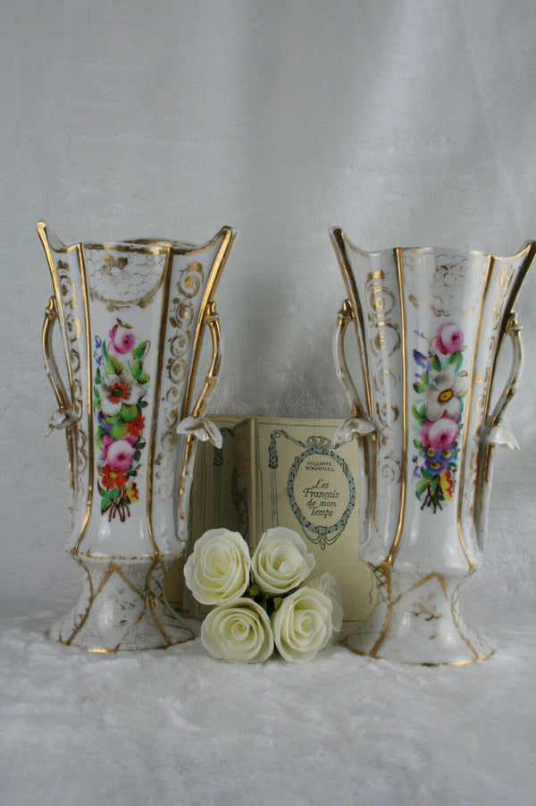 PAIR French OLD PARIS VIEUX porcelain Vases Gold gilt flower decoration