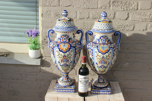 Huge majestical Hand paint ROUEN French Faience porcelain Vases marked