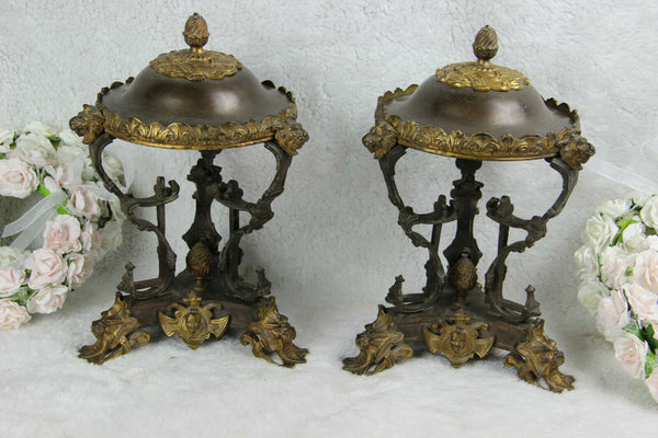 PAIR antique 19thc Bronze empire lion heads tripod cassolettes urns vases
