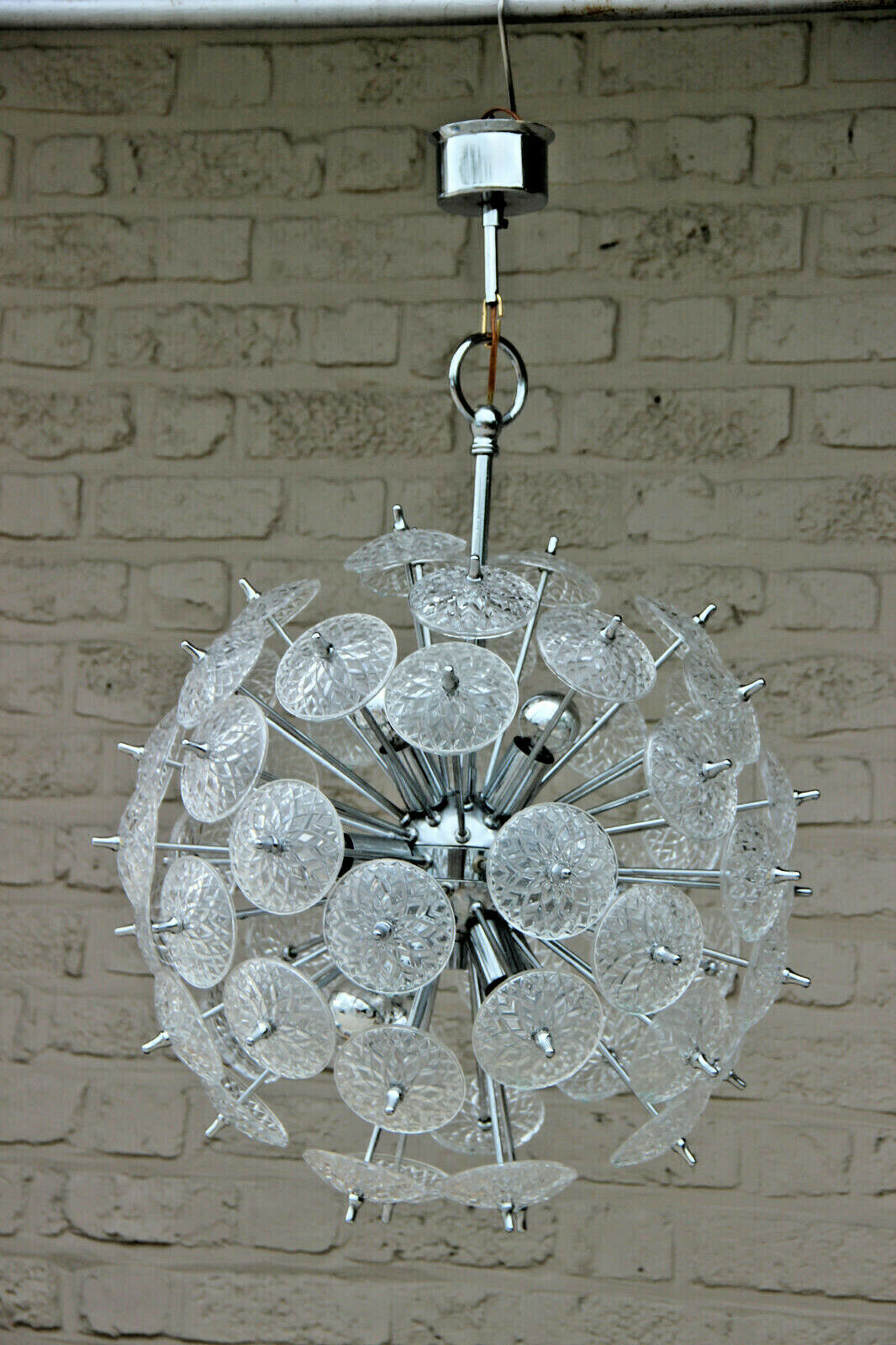 Val Saint Lambert Crystal glass discs Sputnik Chandelier chrome pendant 1960