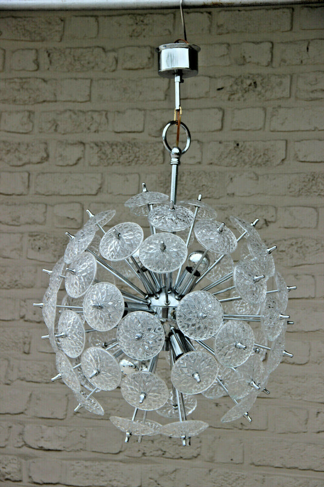 Val Saint Lambert Crystal glass discs Sputnik Chandelier chrome pendant 1960