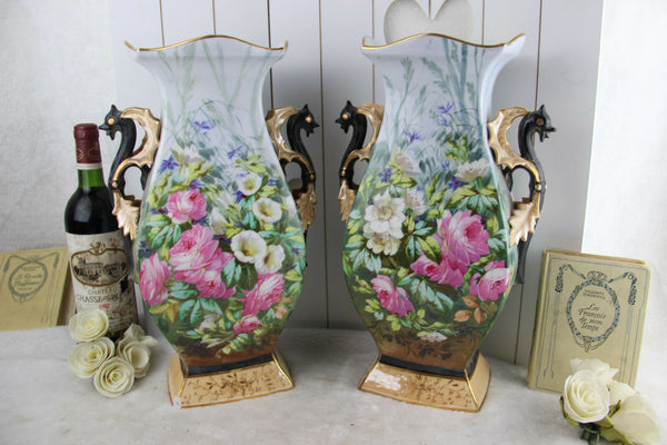 Antique PAIR XL Vieux paris porcelain Dragon gothic Floral Vases rare 1900