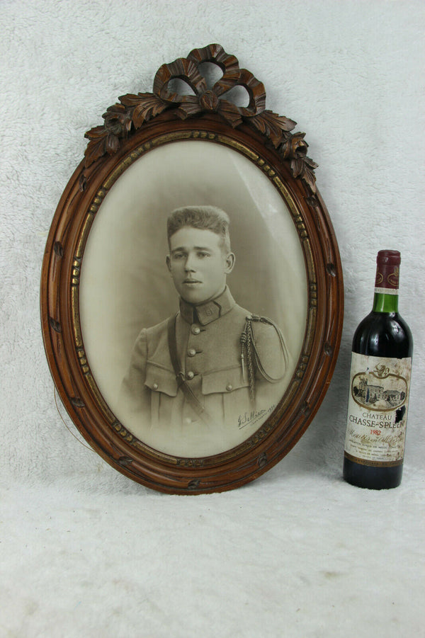 Antique Belgian Wood carved frame officer army soldier WW1 14-18 photo signed